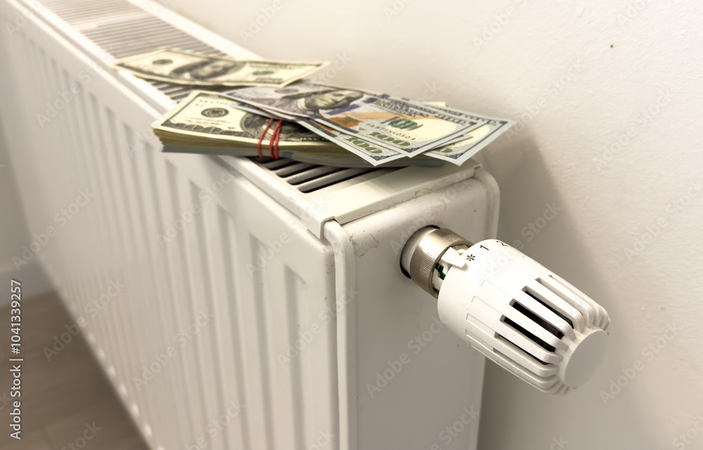 A heating radiator battery from which bills stick out. The concept of high heating expenses. Rise in energy prices, energy crisis and recession A heating radiator battery from which bills stick out. The concept of high heating expenses. Rise in energy prices, energy crisis and recession