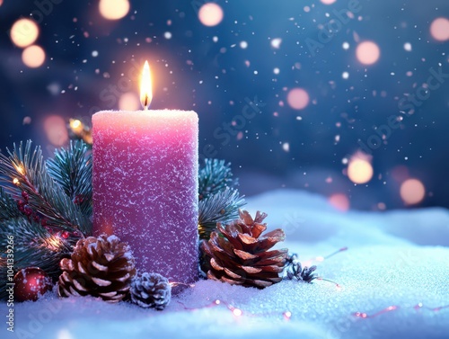 Warm Christmas candle glowing softly in the evening, surrounded by snow and festive holiday d?cor.