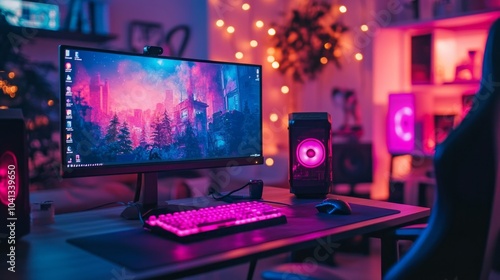 A computer desk with a monitor, keyboard, and mouse