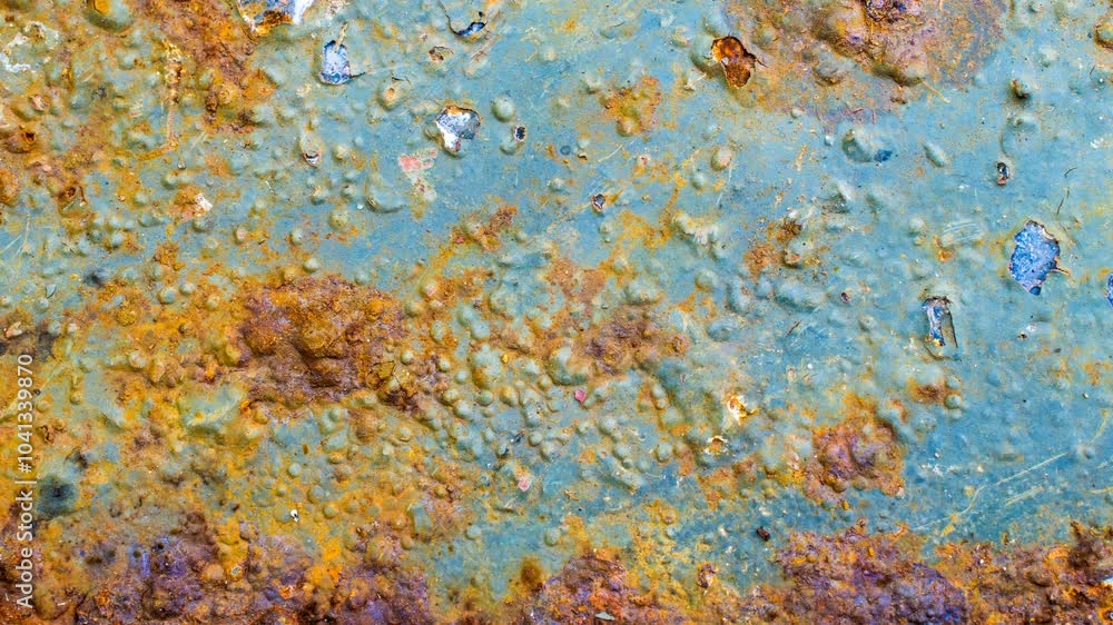 rusting old metal plate painted with blue paint