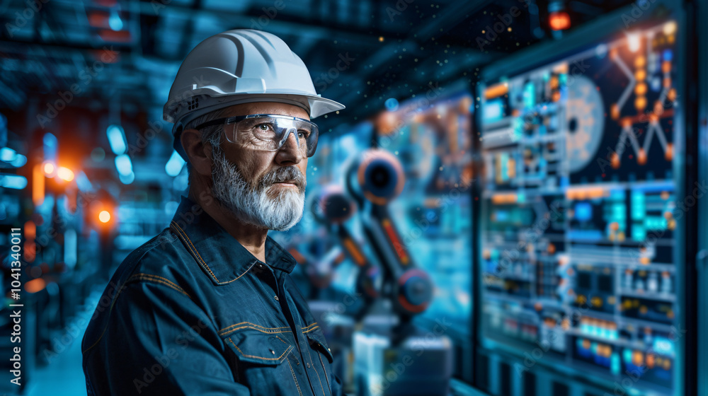 Engineer Safety Gear Futuristic High-Tech Factory Portrait Experienced Protective Overseeing Advanced Manufacturing Robotics Futuristic Senior Helmet Glasses Analyzing Operation Modern Digital Engineer Safety Gear Futuristic High-Tech Factory Portrait Experienced Protective Overseeing Advanced Manufacturing Robotics Futuristic Senior Helmet Glasses Analyzing Operation Modern Digital