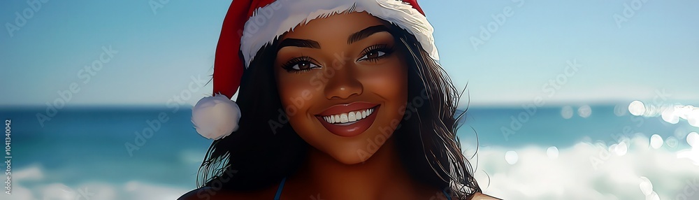 Joyful Woman in Santa Hat at the Beach Joyful Woman in Santa Hat at the Beach