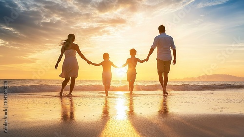 Family Walking Together at Sunset on the Beach