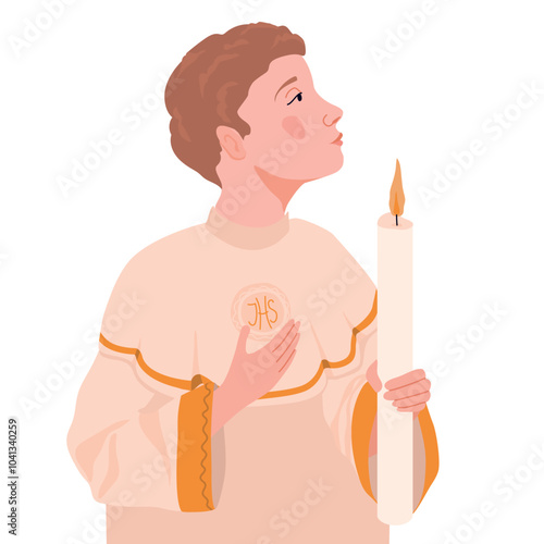 Boy in white robe for first communion. Vector. Child ready to receive Eucharist. Young catholic praying before holy sacrament of communion holding candle.