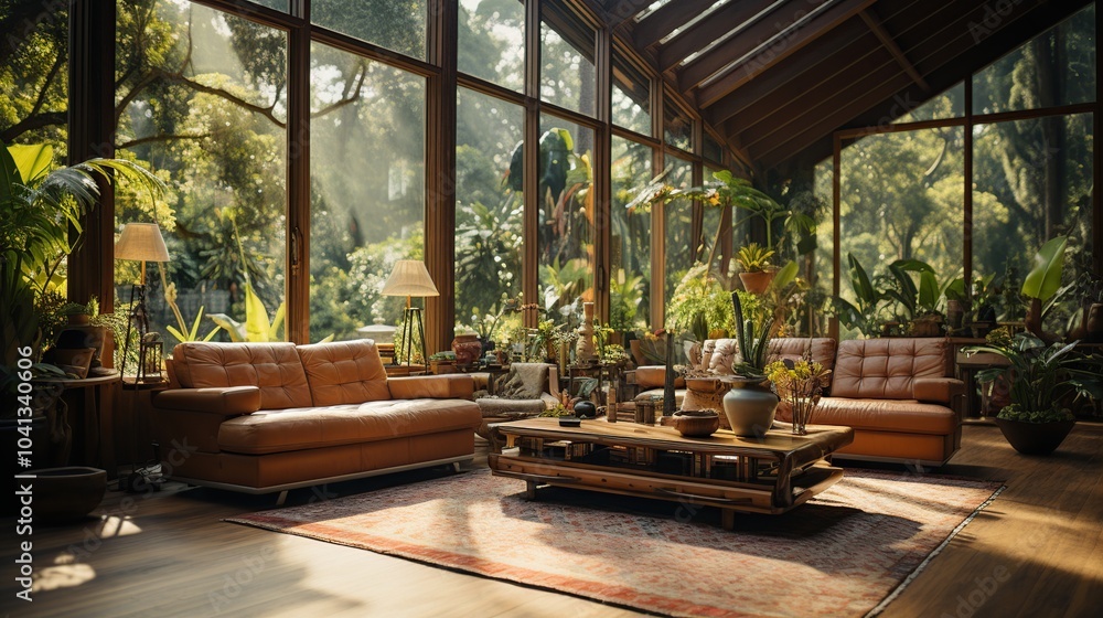 A spacious living room with large windows, two leather couches, a coffee table, and many plants. Sunlight streams through the windows, illuminating the room. A spacious living room with large windows, two leather couches, a coffee table, and many plants. Sunlight streams through the windows, illuminating the room.