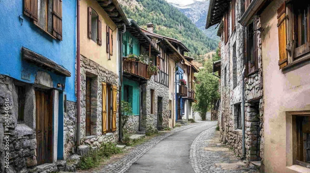 Charming Cobblestone Street in Mountain Village Charming Cobblestone Street in Mountain Village