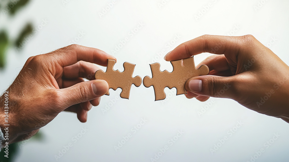 Connect the puzzle with two hands on a white background Connect the puzzle with two hands on a white background