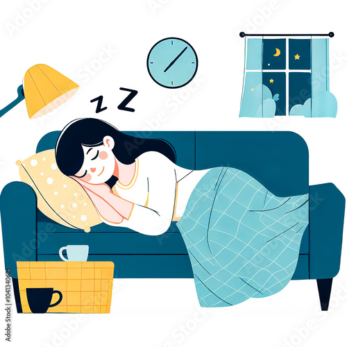 Vector illustration of a young woman sleeping soundly on a sofa in a living room on a white background. photo