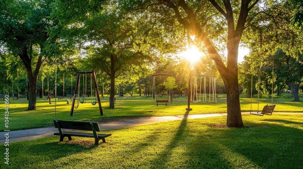 Obraz premium Serene Park with Sunlight Through Lush Green Trees