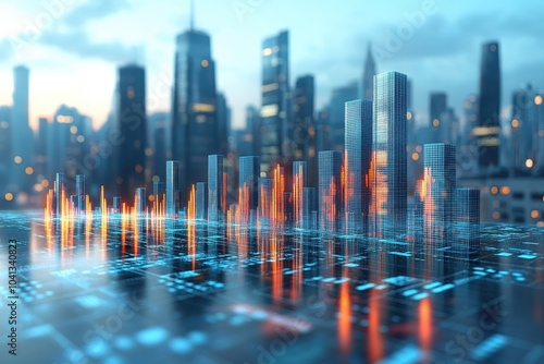 Fototapeta Naklejka Na Ścianę i Meble -  A vibrant city skyline illuminated by financial data and analytics represented in glowing graphs
