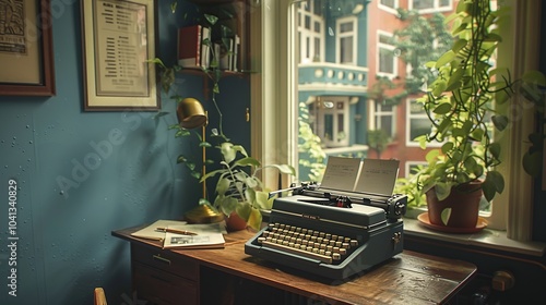 A vintage typewriter sits on a wooden desk in a home office, with a window overlooking a city street and plants in the foreground. photo