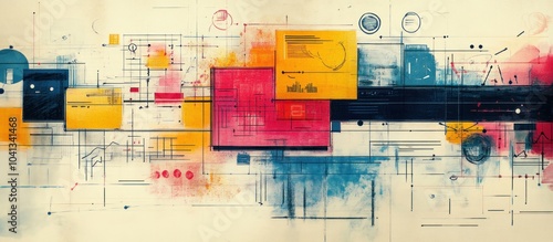 Abstract watercolor painting with geometric shapes and lines in a minimalist style.