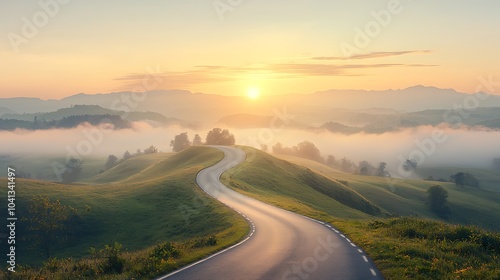 A serene sunrise over rolling hills capturing the tranquility of nature's landscape with a winding road