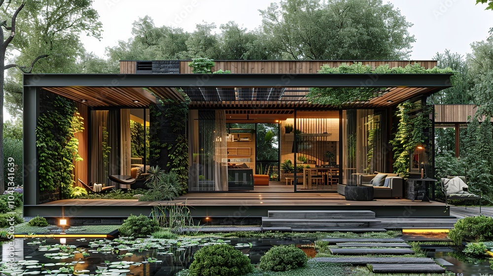Modern wooden house with a large patio, a pond, and lush greenery. Modern wooden house with a large patio, a pond, and lush greenery.