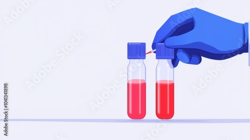 Hand in Blue Glove Holding Test Tubes with Red Liquid