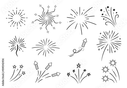 Linear vector explosions set. Hand drawn fireworks and stars collection. Doodle sketch. 