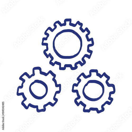 Gear sketch. Hand drawn vector illustration. Blue pen or marker drawing. Primitive kids picture