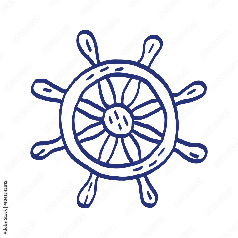 Wooden ship steering wheel. Pirate item sketch. Hand drawn illustration. Vector icon. Blue pen or marker drawing. Primitive kids picture Wooden ship steering wheel. Pirate item sketch. Hand drawn illustration. Vector icon. Blue pen or marker drawing. Primitive kids picture