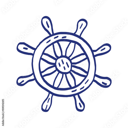 Wooden ship steering wheel. Pirate item sketch. Hand drawn illustration. Vector icon. Blue pen or marker drawing. Primitive kids picture