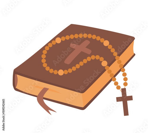 Vector rosary beads lie on the bible. Sacred attributes for Catholics and Orthodox in cartoon style. Rosary beads for prayer and reflection on God of Christians. Holy Scripture on white background.