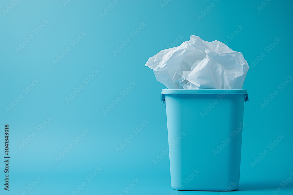 Trash can with bag on blue background, space for text Trash can with bag on blue background, space for text