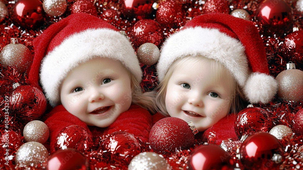 Two Cheerful Girls in Christmas Attire Surrounded by Ornaments Two Cheerful Girls in Christmas Attire Surrounded by Ornaments