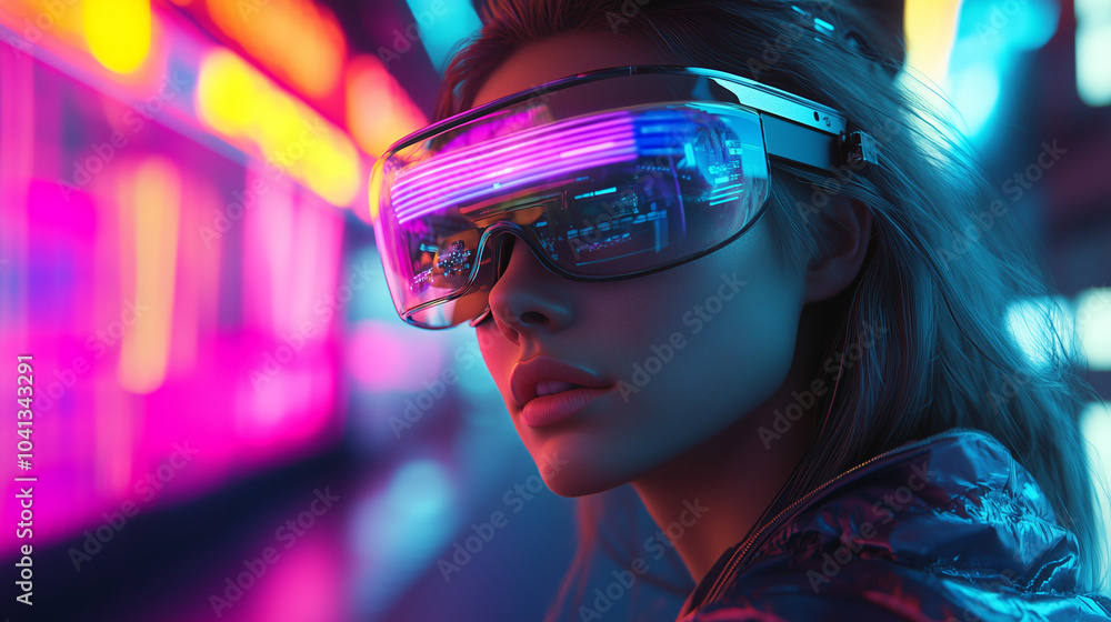woman wearing VR glasses, having virtual reality experience. Neon background. Futuristic technology, hi-tech environments woman wearing VR glasses, having virtual reality experience. Neon background. Futuristic technology, hi-tech environments
