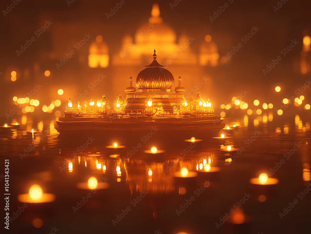 Fototapeta premium The sacred glow of the golden temple a majestic evening illuminated by oil lamps and spiritual reverence