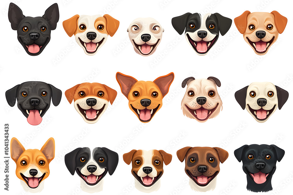 Fototapeta premium Collection of cartoon style dog faces isolated on white background