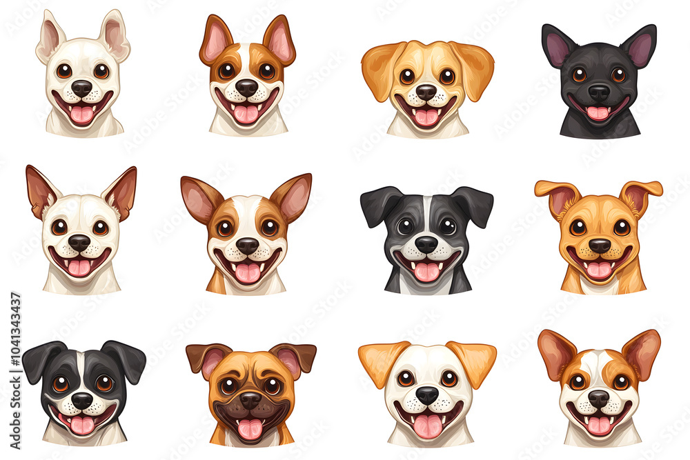 Fototapeta premium Collection of cartoon style dog faces isolated on white background