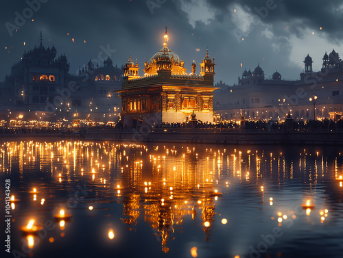 Golden temple illuminated by oil lamps a sacred glow reflecting spiritual serenity and cultural significance in the heart of punjab