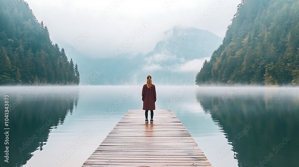 A serene journey into nature reflecting by the tranquil waters in a misty landscape at dawn A serene journey into nature reflecting by the tranquil waters in a misty landscape at dawn