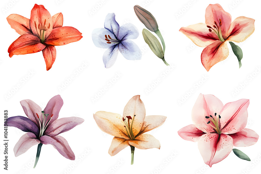 Obraz premium Watercolor lily flowers collection isolated on a white background