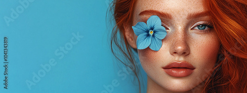 Beautiful young redheadwoman with flowers and petals on her face. Beauty parlor horizontal banner concept, copyspace Blue background.	
 photo