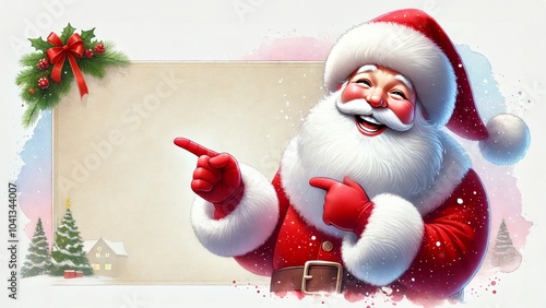 Wallpaper Mural Lachender Weihnachtsmann zeigt auf ein leeres Banner, dekoriert mit einem Kranz, im winterlichen Umfeld mit Tannenbaum und Haus, ideal für Grüße. Generative KI. Torontodigital.ca