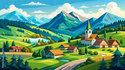 Landscape of the Carpathian village Kvasy against the background of green trees and mountains, Transcarpathia, Ukraine