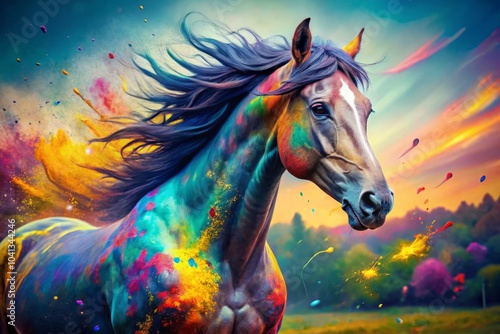 Colorful Double Exposure Photography of a Horse with Vibrant Paint Splashes on Its Face for Artistic and Nature Themes