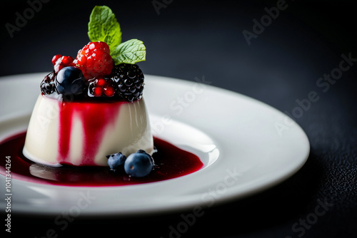 An elegant panna cotta topped with mixed berries and berry sauce is a perfect dessert for any occasion. Generative AI