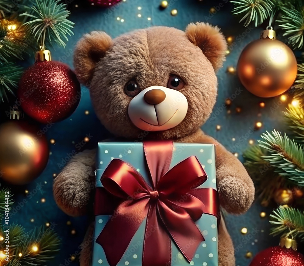 Christmas bear. Winter holiday greeting card or sticker with 3D toy character of animal bear and set festive decorations. Collection Merry Christmas and Happy New Year seasonal design. Christmas bear. Winter holiday greeting card or sticker with 3D toy character of animal bear and set festive decorations. Collection Merry Christmas and Happy New Year seasonal design.