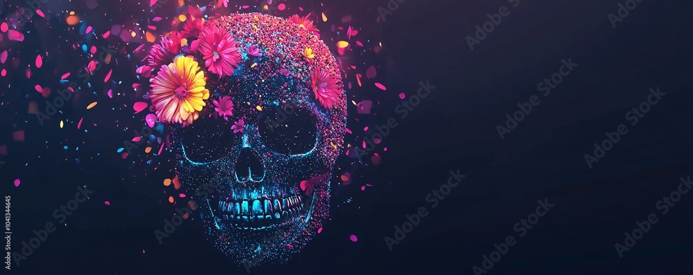 Vibrant sugar skull with neon yellow and magenta flowers, glowing dark background Vibrant sugar skull with neon yellow and magenta flowers, glowing dark background