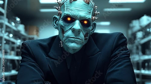 A Frankenstein-like monster in a laboratory setting.