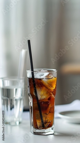 ice tea at eye level with a white backdrop and table top.