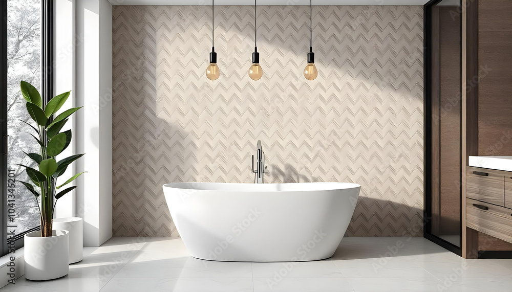 Fototapeta premium modern bathroom interior freestanding white bathtub