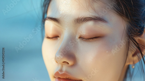 close-up portrait korean japaness chinese asian beauty girl women soft sunlight shadow peachful relaxed female natural dewy skin gentle morning light tranquil eyes closed subtle facial highlight focus photo