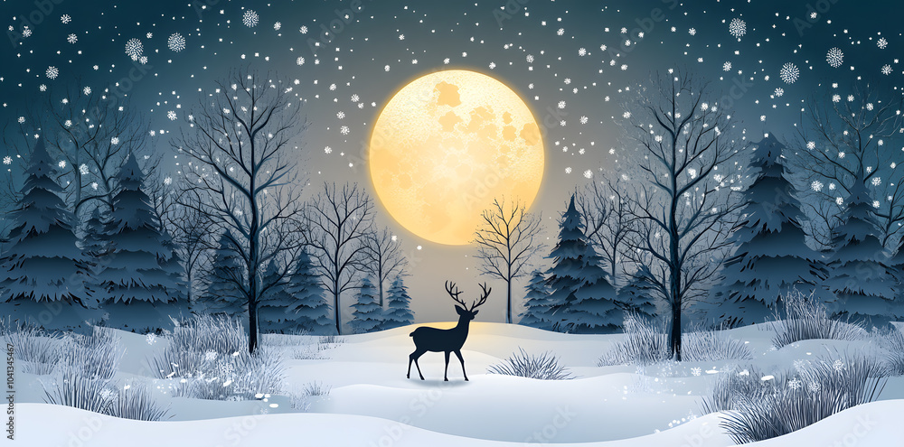 Winter forest with deer under the moonlight paper cut art style card Winter forest with deer under the moonlight paper cut art style card
