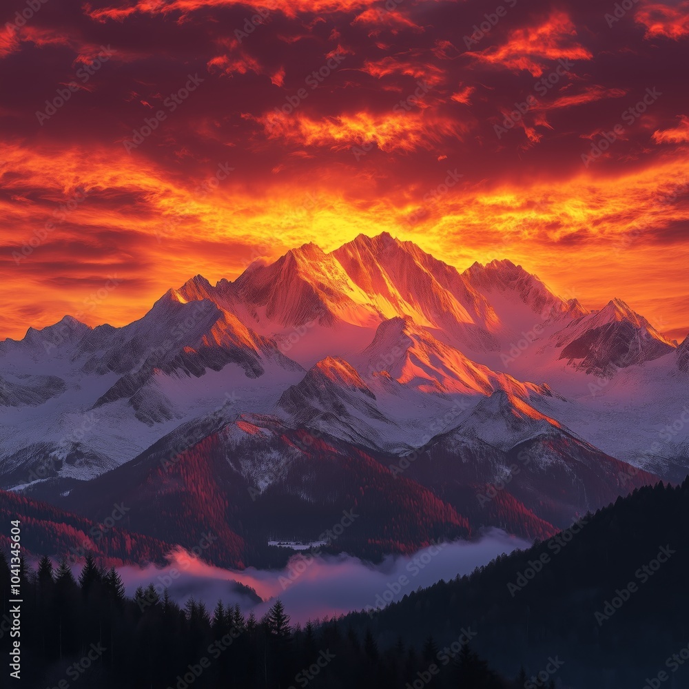 A stunning view of snow-capped mountains illuminated by the warm glow of the sunrise. The sky is ablaze with vibrant reds and oranges, creating a dramatic and breathtaking scene. A stunning view of snow-capped mountains illuminated by the warm glow of the sunrise. The sky is ablaze with vibrant reds and oranges, creating a dramatic and breathtaking scene.