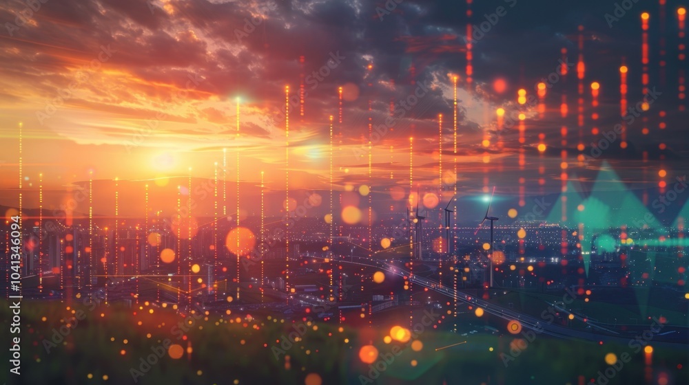 Naklejka premium Vibrant sunset over a cityscape with digital elements