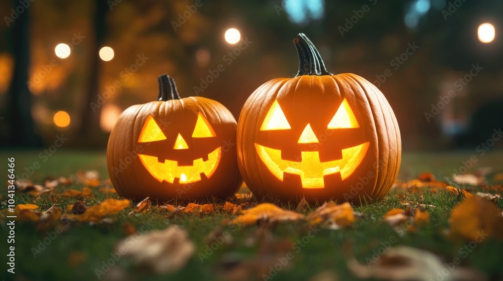 Fototapeta premium Halloween chaos with jack-o-lanterns in autumn evening scene