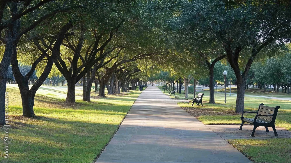 Serene Tree-Lined Pathway in a Quiet Park Serene Tree-Lined Pathway in a Quiet Park