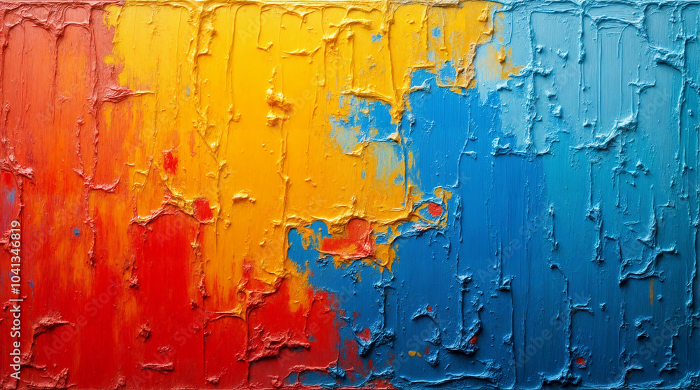 Fototapeta premium 油絵の具のような豊かなストロークと鮮やかな赤、青、黄色をブレンドした抽象的な質感の壁紙。